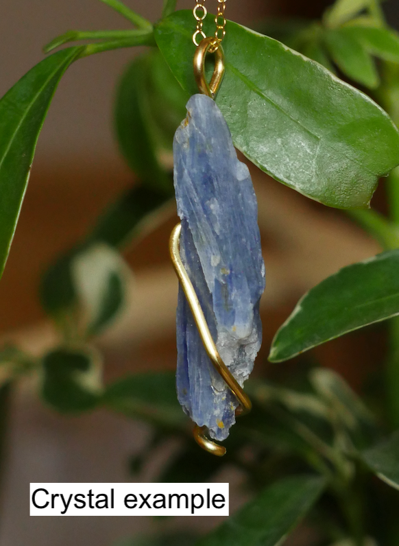 Customizable wrapped blue kyanite crystal necklace on chain or suede