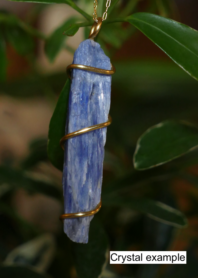 Customizable wrapped blue kyanite crystal necklace on chain or suede