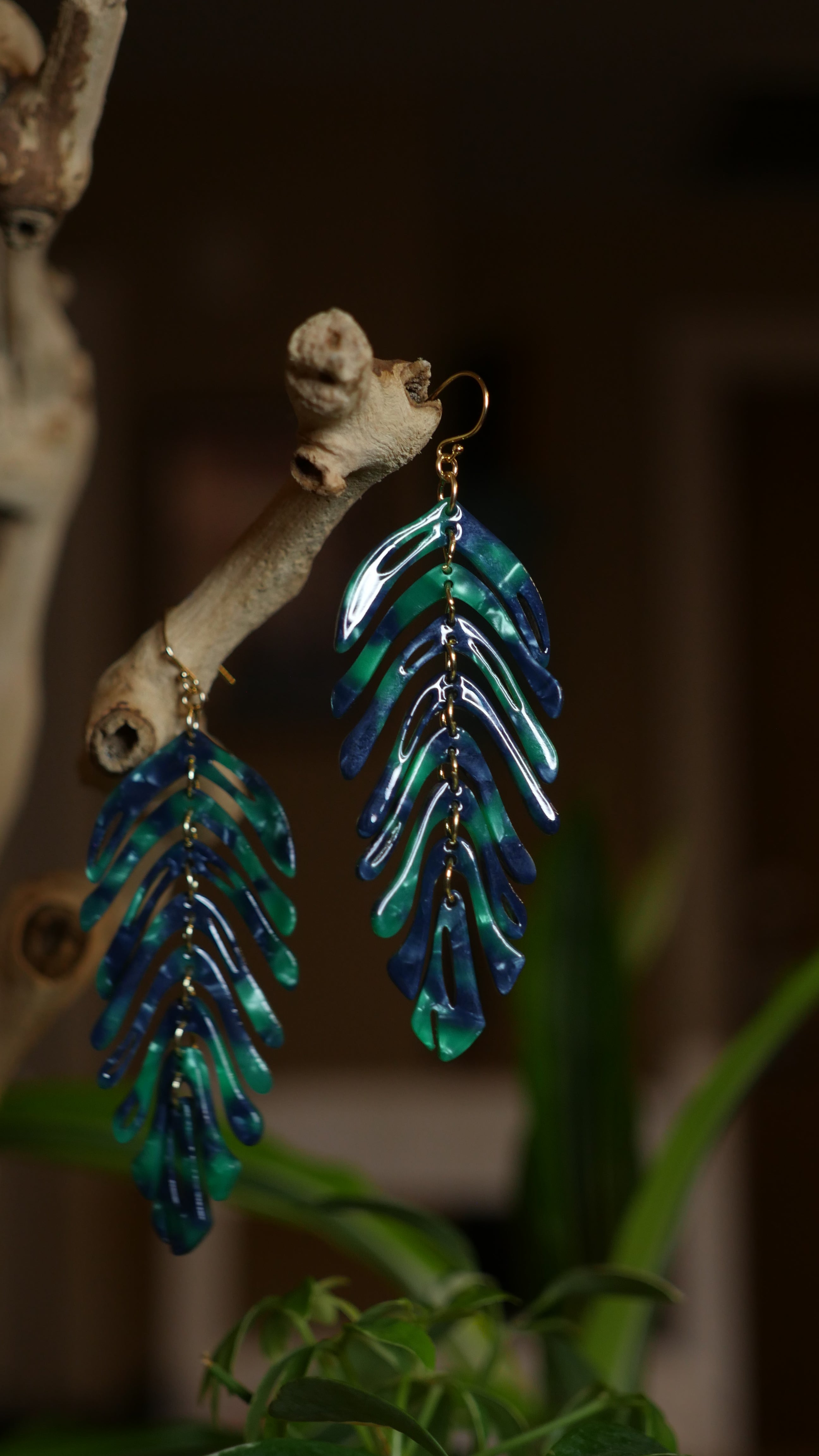 Blue and green segmented resin monstera earrings with gold filled ear wires