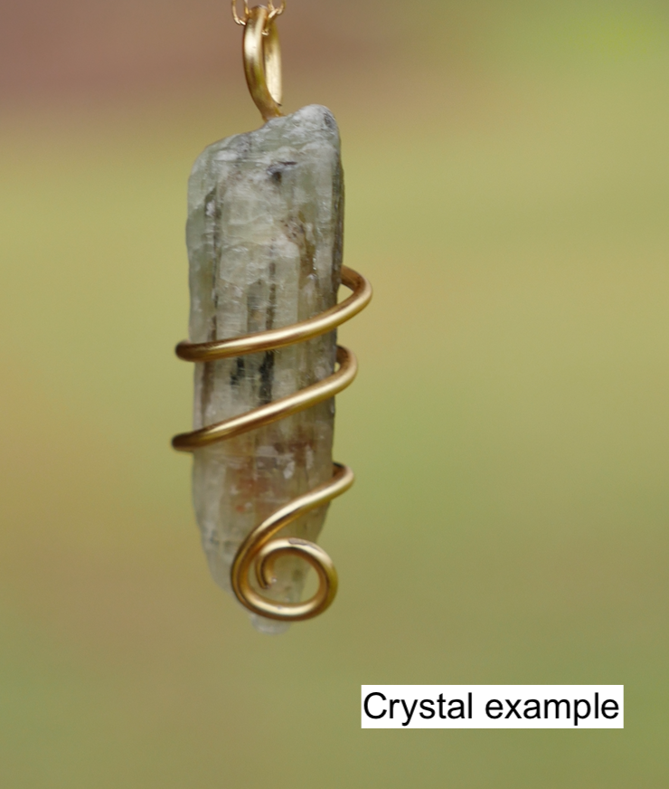 Customizable wrapped green kyanite crystal necklace on chain or suede