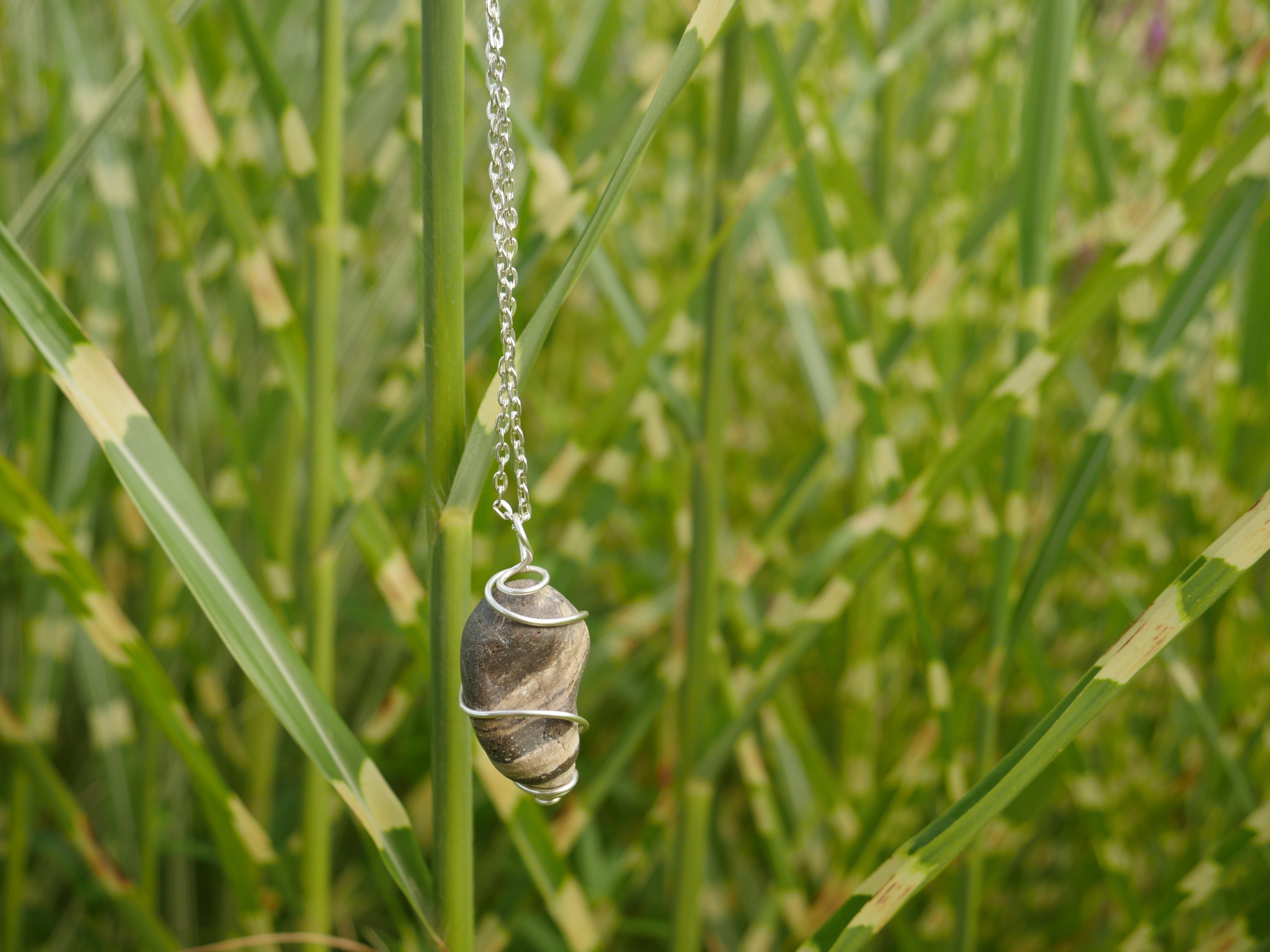 Wire-wrapped brown striped stone stainless chain necklace