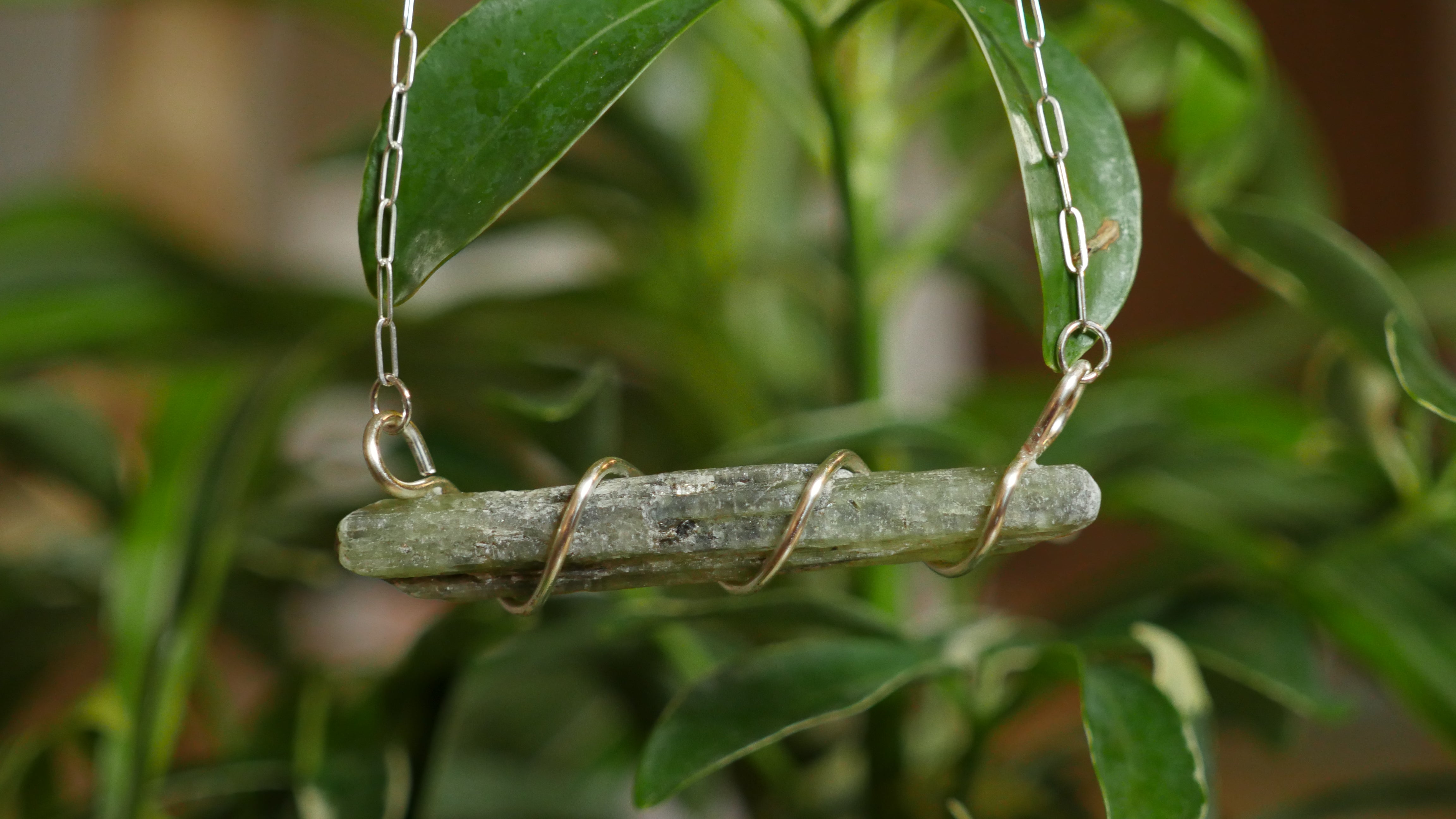 Silver plated wire-wrapped green kyanite bar necklace on silver filled chain