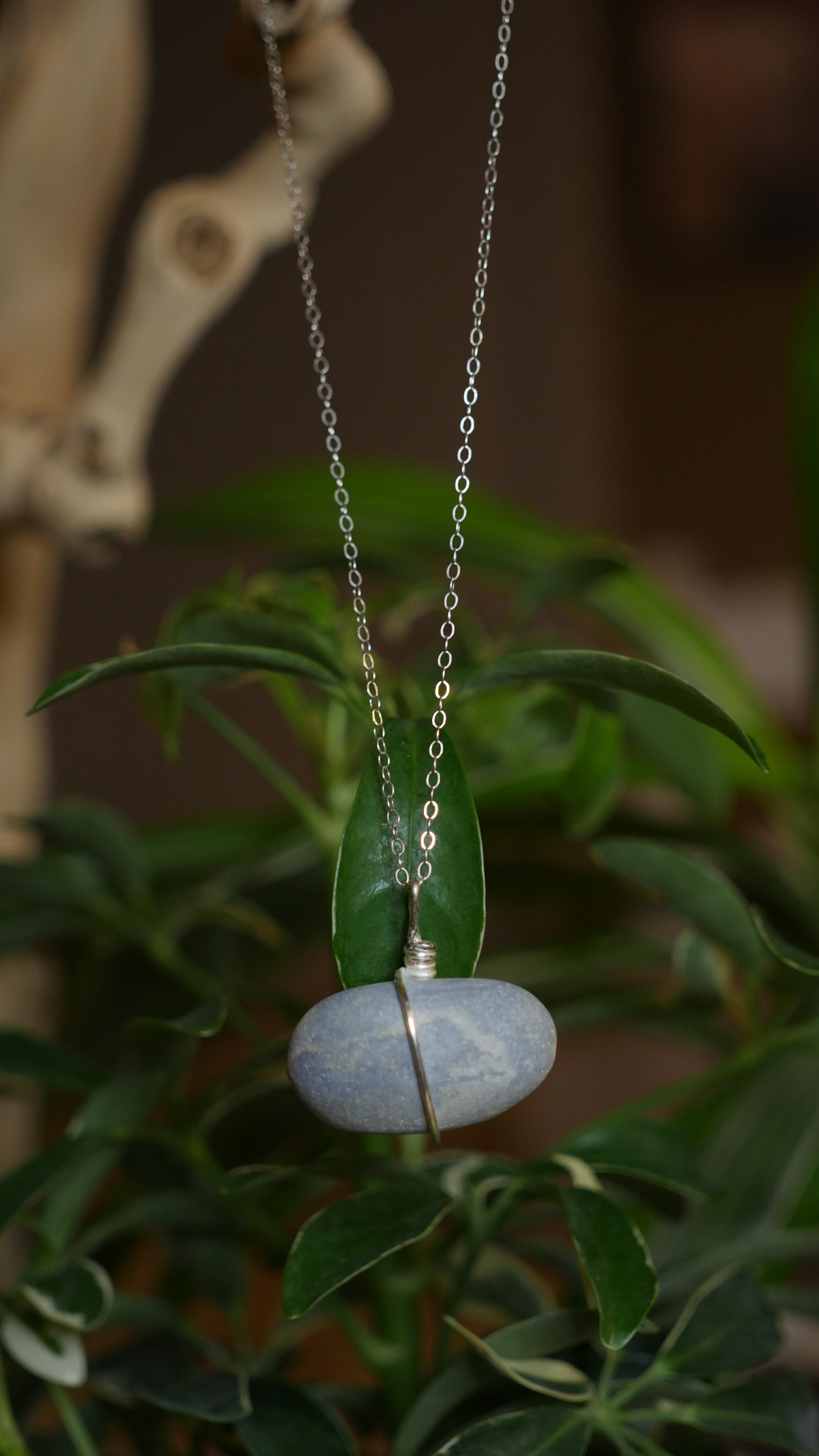 Silver plated wire-wrapped blue stone on silver filled chain