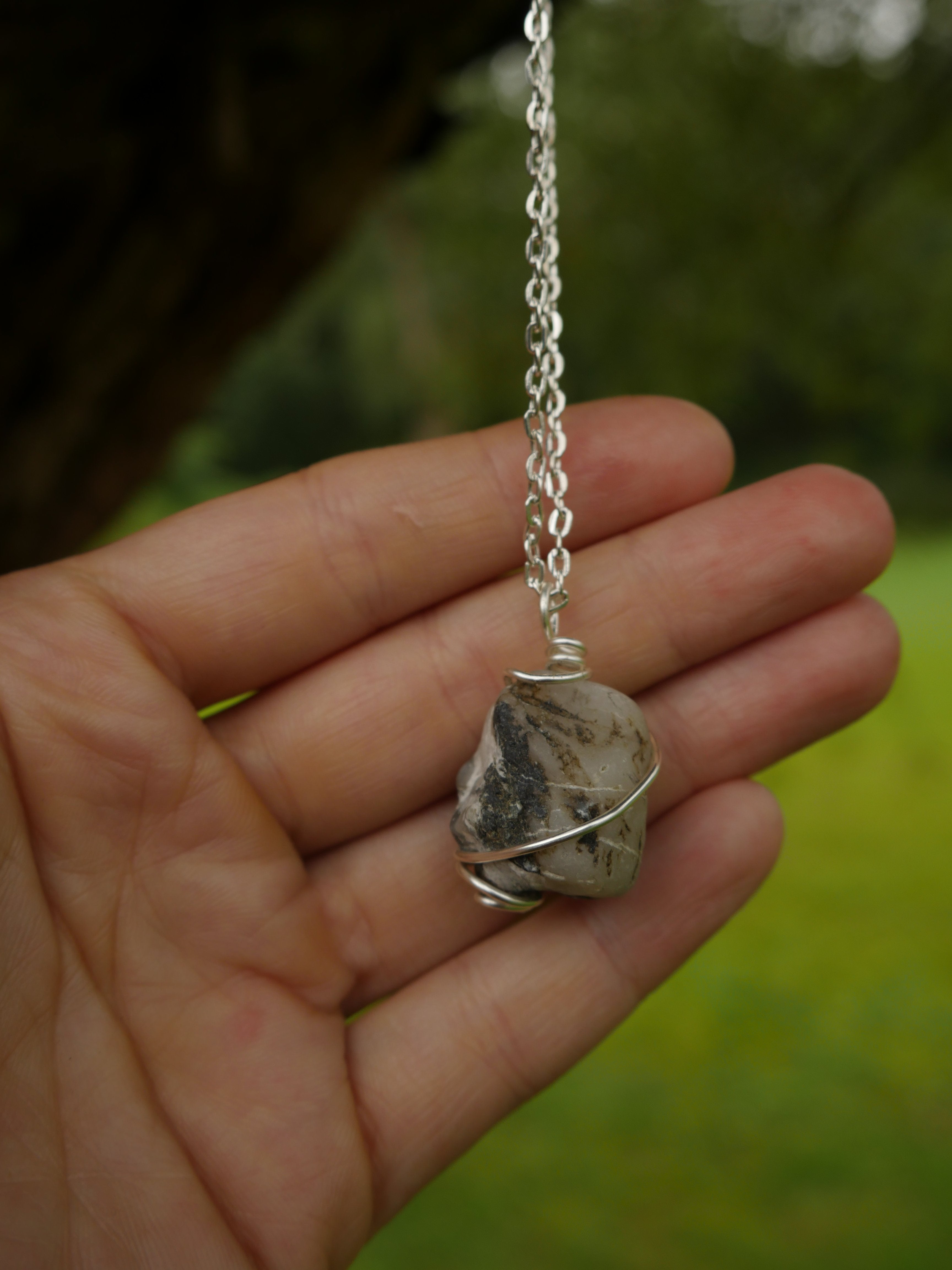 Wire-wrapped white marbled stone stainless chain necklace